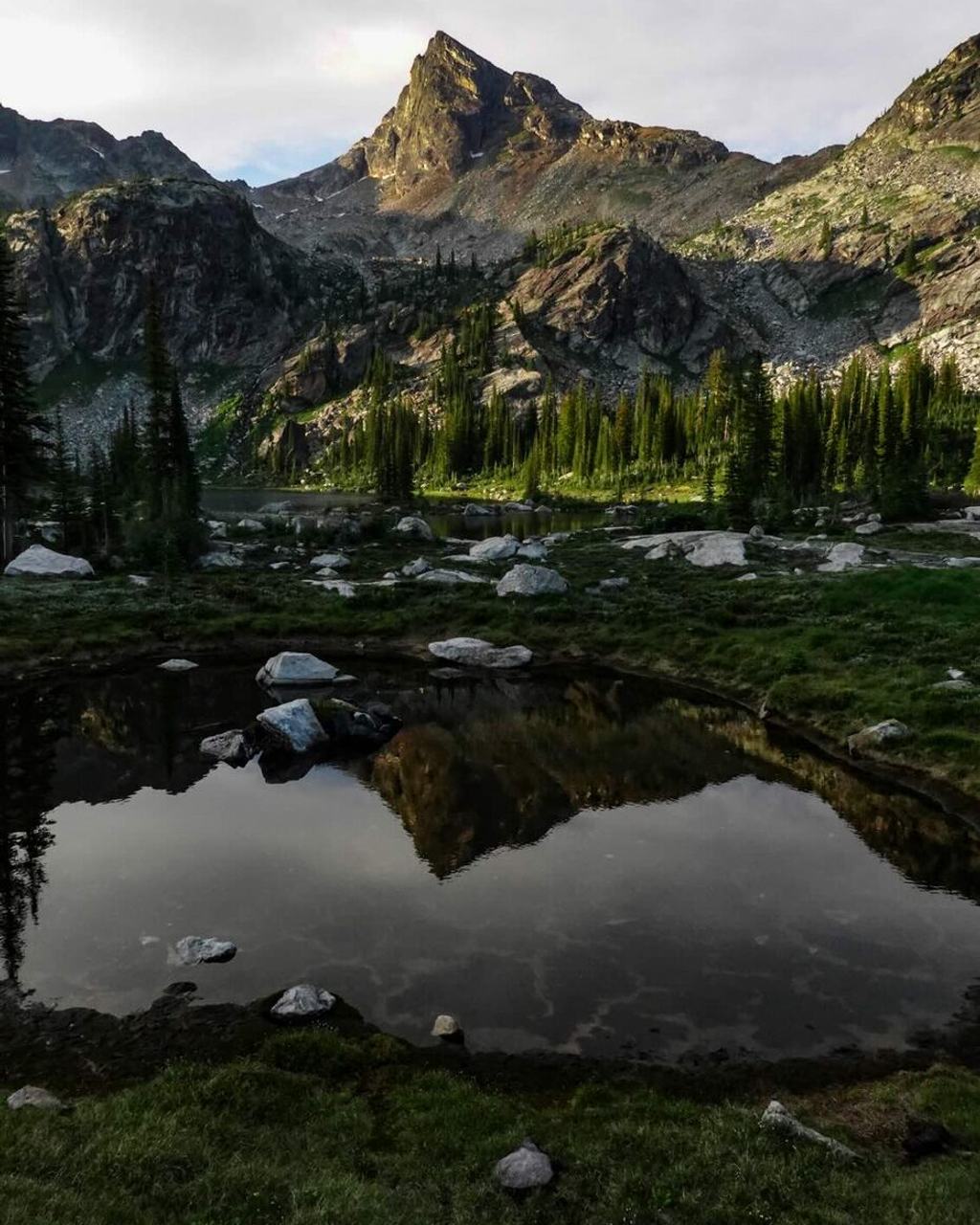 A sunlit peak reflected in a still alpine pool ringed by boulders and subalpine fir