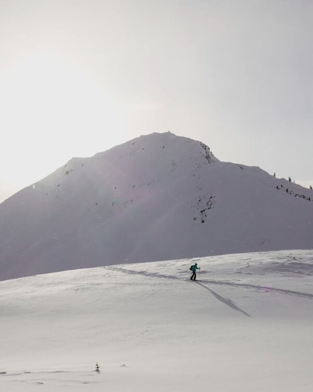 A lone backcountry skier skinning across a snowfield below a broad, sunlit peak