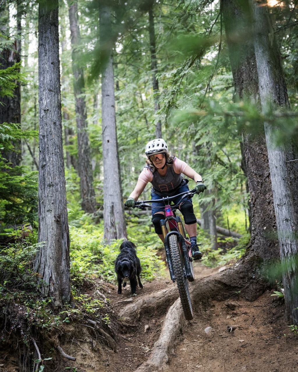 Robyn riding a rooty singletrack descent through tall old-growth forest, a black dog running down the trail behind her